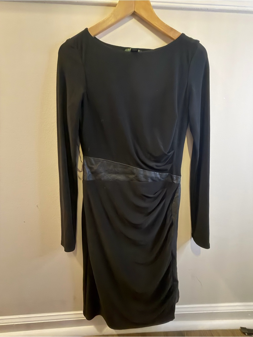 Lauren Ralph Lauren Black Long-Sleeve Draped Sheath Leather accent Dress